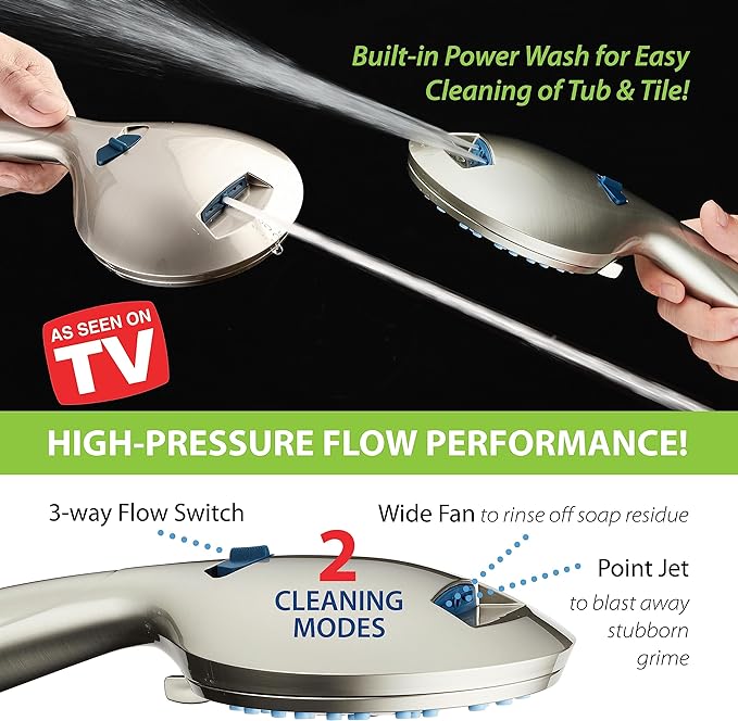 Hotel Spa AquaCare High Pressure 8-mode Handheld Shower Head, Anti-clog Nozzles, Built-in Power Wash to Clean Tub, Tile & Pets, Extra Long 6 ft. Stainless Steel Hose, Wall & Overhead Brackets