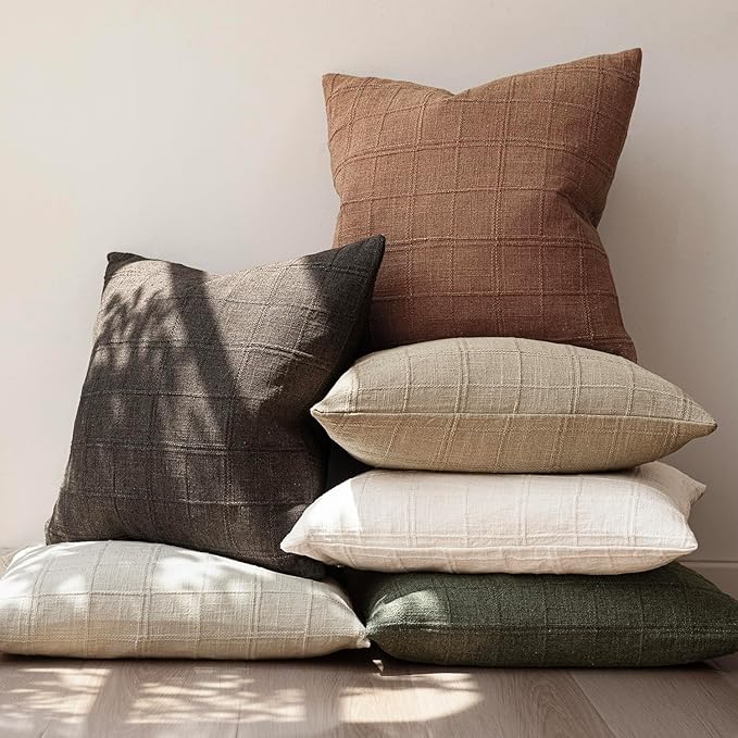 Foindtower Set of 2 Decorative Linen Check Throw Pillow Covers Neutral Farmhouse Vintage Cushion Covers Modern Boho Home Decor for Sofa Chair Couch Bedroom Living Room Outdoor,24×24 Inch,Dark Brown