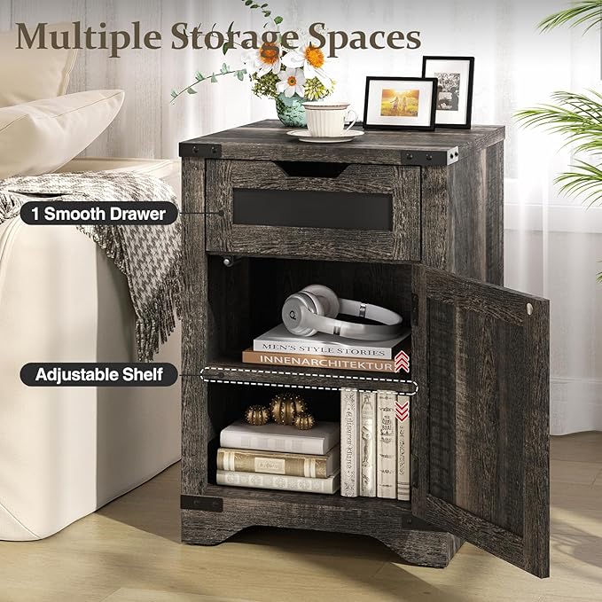 Farmhouse End Table with Charging Station, 26.4" Tall Rustic Nightstand with Drawer and X Barn Door, Country Bedside Sofa Side Table for Living Room, Dark Brown