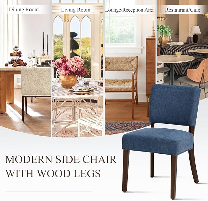 COLAMY Mid Century Modern Dining Chairs Set of 4, Upholstered Kitchen Chairs with Back, Farmhouse Fabric Side Dining Room Chairs with Wood Legs for Dining Room Kitchen Restaurant, Blue