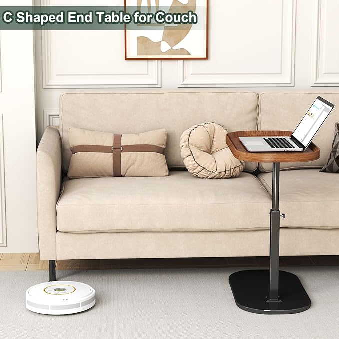 C Shaped Side Table Adjustable Height, 360°Swivel C Shaped End Table, Couch Side Tables That Slide Under, Small Coffee C Table End Table for Sofa/Bed/Bathtub, Rotating Elevate Tabletop (Wood)