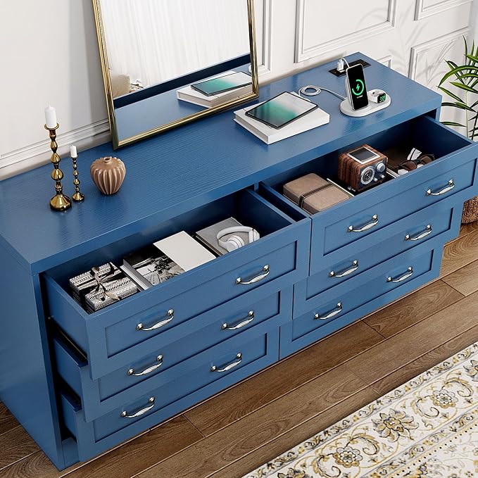 YITAHOME Drawers TV Stand for 65 inches with Power Outlets -Chest of Drawers Dresser with Side Organizer Bag Entertainment Center TV Console, Blue