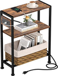 Small Narrow Side Table with Charging Station, Skinny End Table for Small Spaces, Slim Nightstand with Outlets, Sofa Bedside Table in Living Room, Bedroom, Study, Kitchen and Balcony (Rustic Brown)