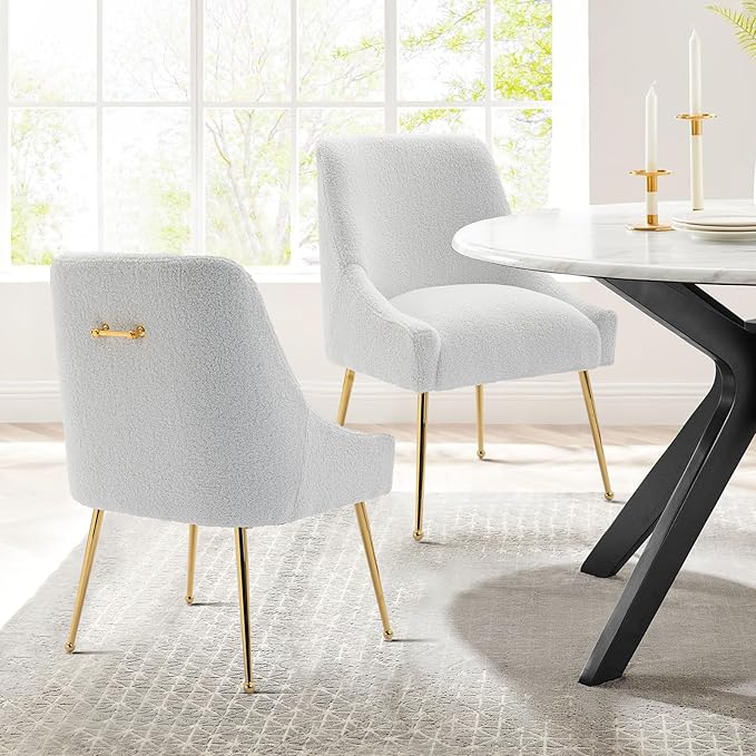 Modern Velvet Dining Chairs Set of 6, Contemporary Upholstered Furniture Collection with Polished Gold Metal Legs, Elegant Accent Chairs for Kitchen Living Room(Teddy Fleece,White)