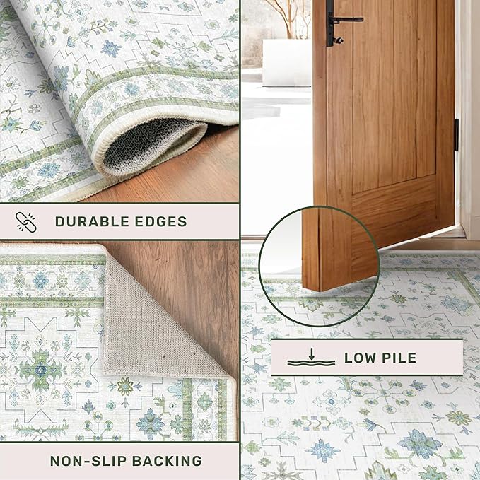 Green Area Rugs 9x12 Living Room - Washable Oriental Geometric, Extra Large for Bedroom Non Slip Soft Faux Wool Carpet for Dining Room Playroom, Lounge - Blue and Green Floral Rug