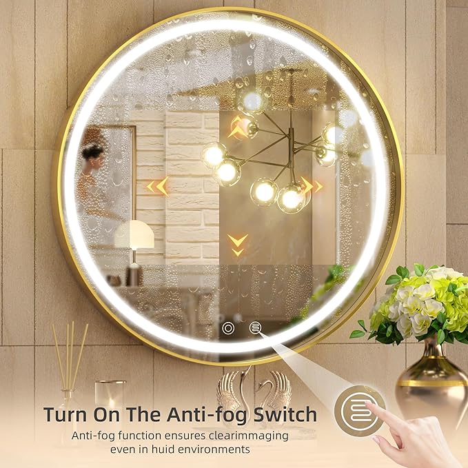 Hasipu 24 Round LED Mirror for Bathroom with Lights, Gold Circle Vanity Mirror for Wall, Metal Framed Frontlit Bathroom Mirrors Anti-Fog, Dimmable, 3 Colors Makeup Mirror Wall Mounted