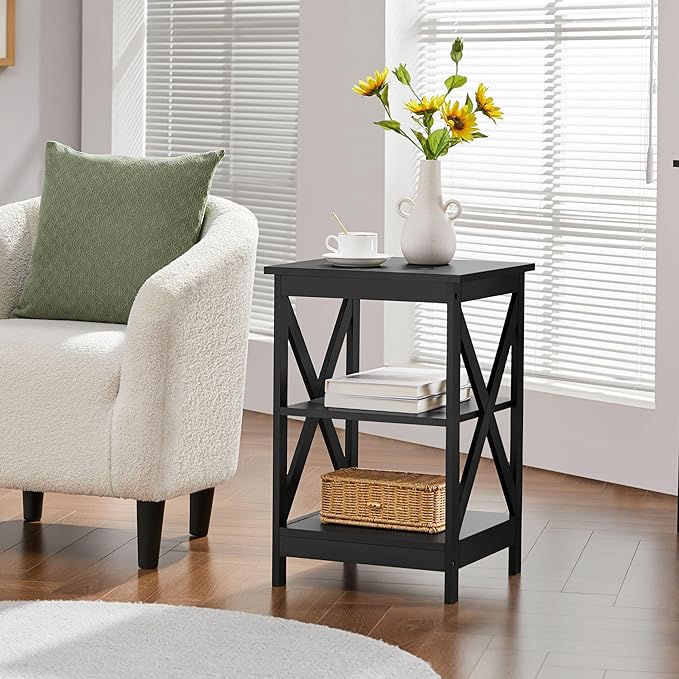 Yaheetech Black End Table Set of 2, 16x16x24 in Sturdy 3-Tier Side Tables with Storage Shelf & Solid Wood Legs, 2Pcs X-Design Modern Sofa Side Table for Living Room Office, Easy Assembly