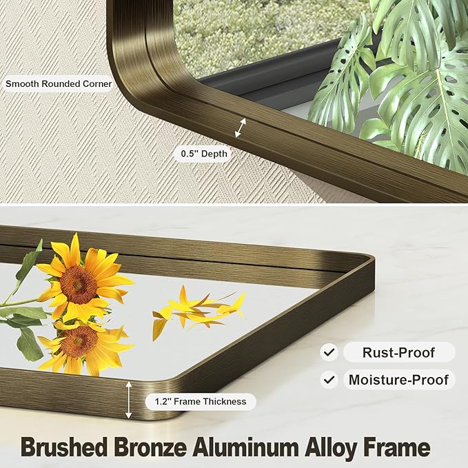 55x36 Bronze Framed Bathroom Mirror, Rectangle Brushed Bronze Metal Vanity Mirror, Large Modern Mirror for Wall, Rounded Corner, Tempered Glass, Anti-Rust, Shatterproof (Horizontal/Vertical)