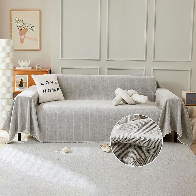 STACYPIK Soft Silver Gray Sofa Cover, Herringbone Couch Cover for Sectional, Pet Friendly Couch Protector for 3 Cushion Couch, Washable Chenille Sofa Covers for L-Shaped, Multi-Use Blankets-91X118IN