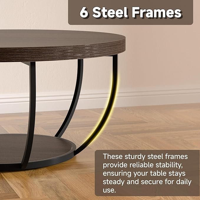 Round Coffee Table, 31" Coffee Table for Living Room Decor, 2-Tier Storage with Steel Frame, Space-Saving Wood Center Table, Modern Style Easy Assembly (Dark Coffee)