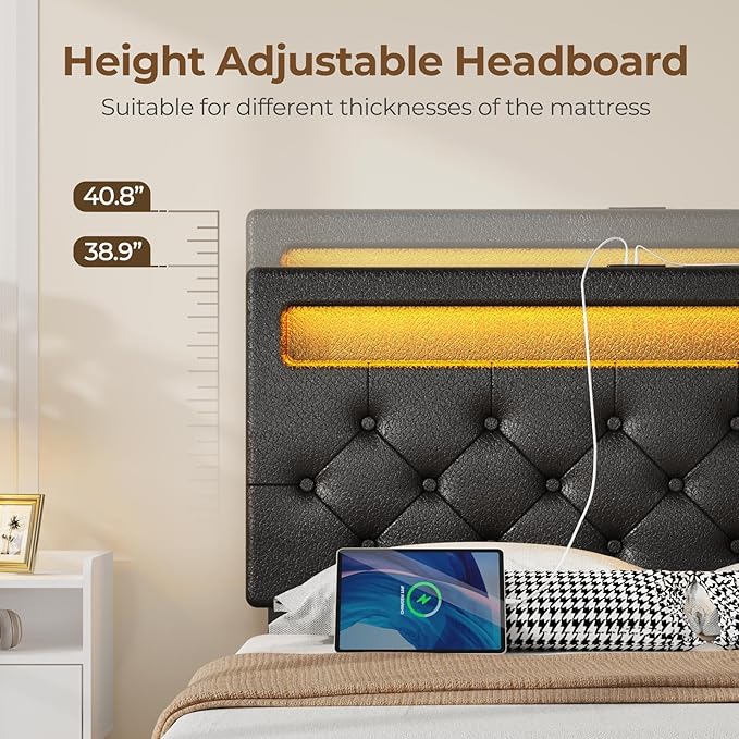 Rolanstar Full Size Bed Frame with 4 Storage Drawers and Charging Station, Full Bed with Led Lights, 2 USB & 1 Type C, Adjustable Headboard 38.9/40.8 Inches, No Box Spring Needed, Black