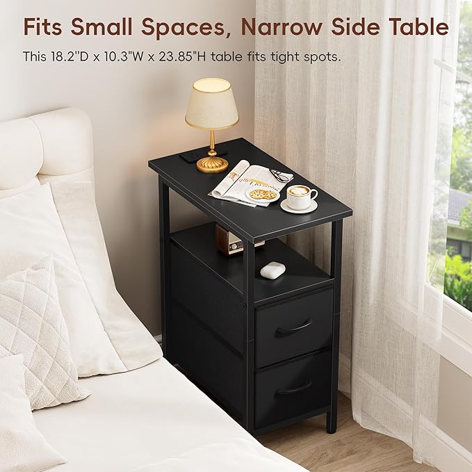 Vagusicc Black Nightstand with Charging Station and LED Lights, Narrow Side Table, LED Night Stand with 2 Fabric Drawers, Bedside Table with USB Ports and Outlets, Tall Nightstand for Bedroom, Black