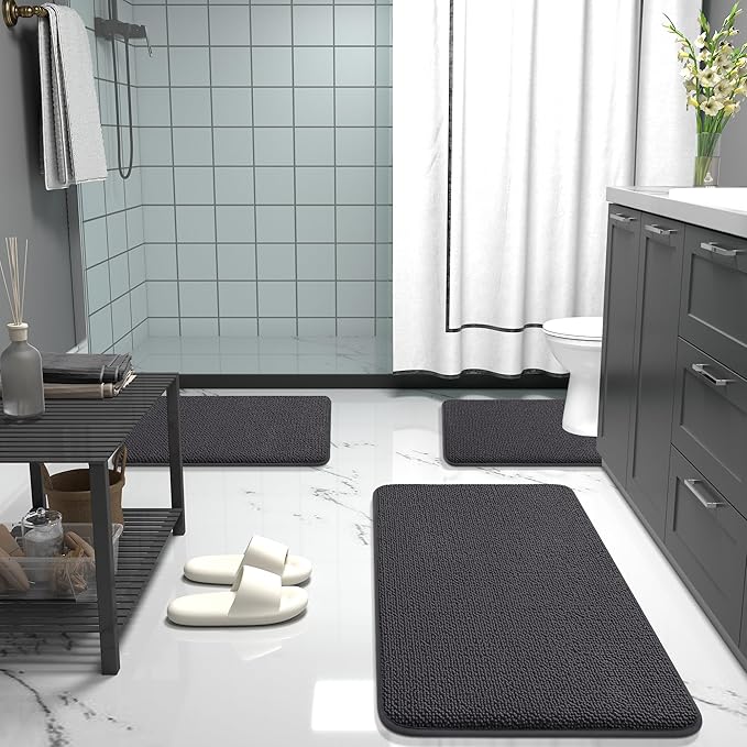 OLANLY Thick Memory Foam Bath Mat Rug 34x21, Extra Soft Absorbent Bathroom Rug, Quick Dry Bath Mats, Non-Slip, Machine Washable Carpet for Bathroom, Tub and Shower, Home Decor Accessories, Dark Grey