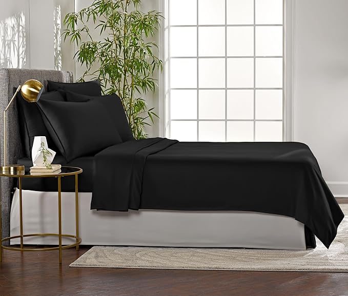 Full Sheets by Pure Bamboo, Genuine 100% Organic Viscose Derived from Bamboo Bed Sheet Set, Luxuriously Soft & Cooling, Double Stitching, Lifetime Quality Promise (Full, Black)