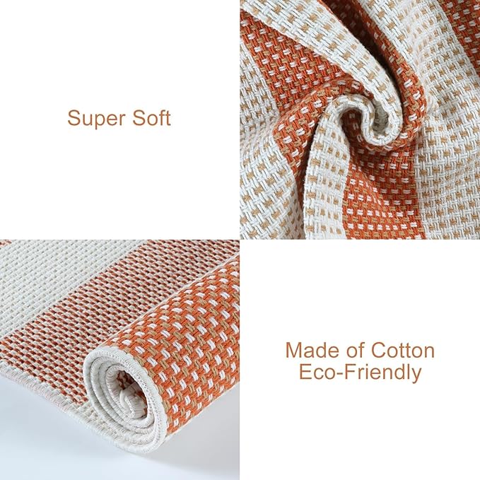 OJIA Fall Front Door Rug 24"x51" Halloween Doormat Striped Rug Cotton Woven Checkered Carpet Washable Front Door Mat Outdoor Small Area Rug for Porch Kitchen Entryway Patio Bathroom (Orange/White/Tan)