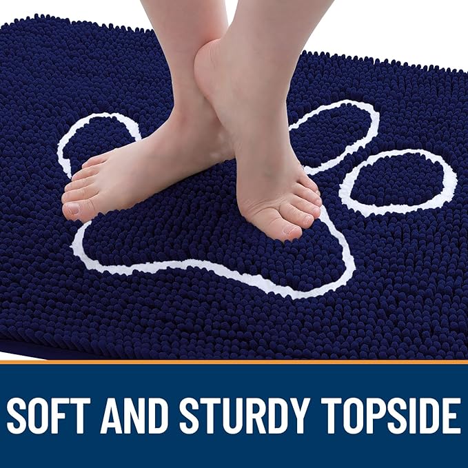 OLANLY Door Mat for Muddy Dog Paws 40x32, Ultra Absorbent Chenille Mud Doormat with Paw Print Design, Non-Slip Washable Doormat for Indoor Entryway, Quick-Dry Pet Bed Mats for Dirty Dogs, Navy Blue
