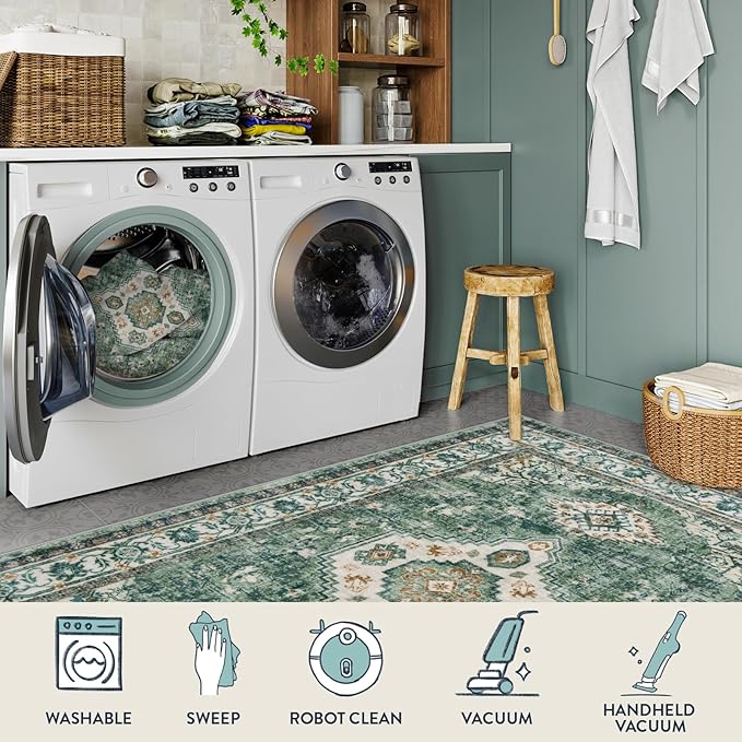 Lahome Oriental Washable Hallway Runner Rug, 2x6 Runners for Hallways Non Slip Ultra-Thin, Vintage Soft Long Carpet for Kitchen Bathroom Bedroom Laundry Room, Green/Multi