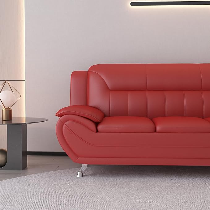 Container Furniture Direct Michael Modern Faux Leather Upholstered Stainless Steel Legs Living Room Sofa, Loveseat, Persian Red