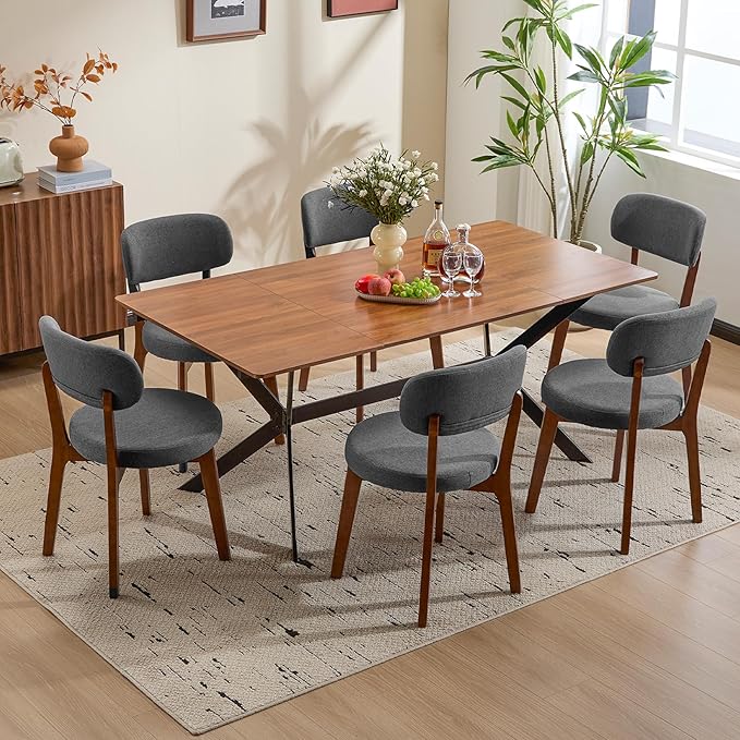 Furniliving Wooden Dining Chairs Set of 6, Mid-Century Modern Linen Upholstered Kitchen Chair with Solid Oak Wood, Farmhouse Dining Room Chairs, Grey