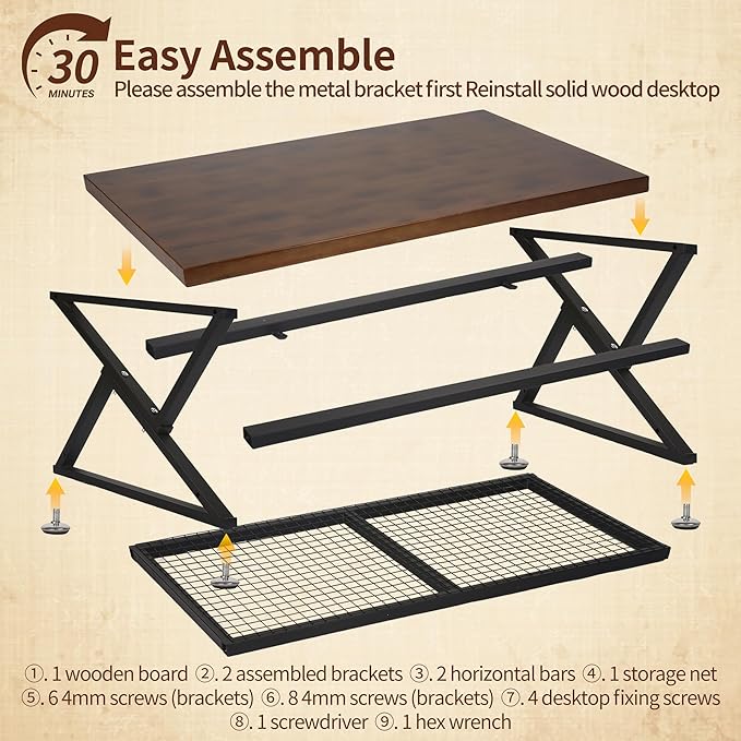 EASYSOUL Coffee Table with Storage Shelf, Solid Wood Top with Black Metal X-Frame, 39.37" D x 23.62" W x 18.11" H, Mid Century Modern Center Coffee Tables for Living Room with 2 Tier (Brow, 39.37")