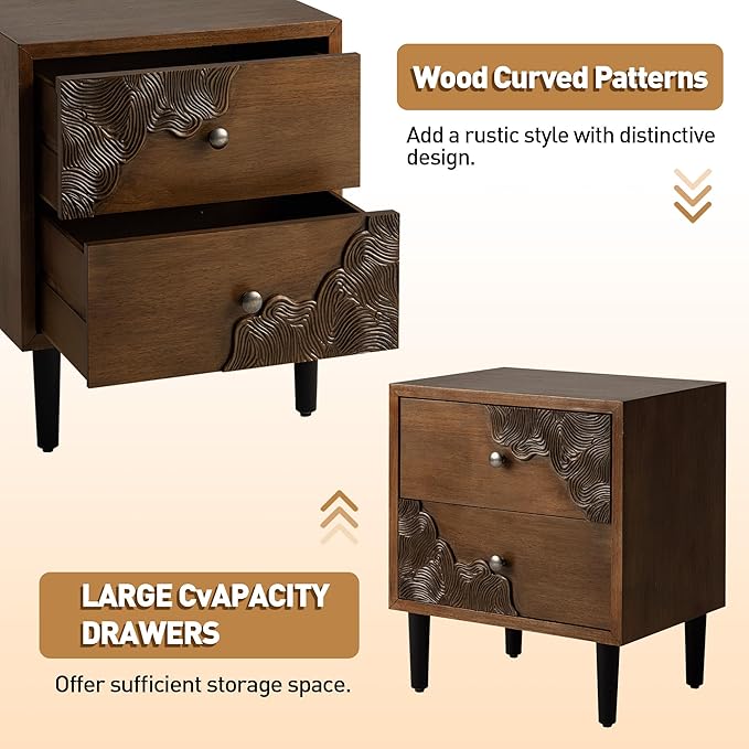 COSIEST Modern Nightstand with 2 Storage Drawers, Mid Century End Table, Accent Side Table, Vintage Wood Luxury Night Stand for Bedroom, Living Room, Walnut