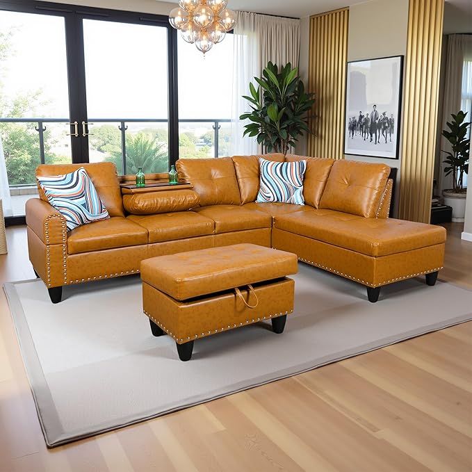 97.5" Oversized Sectional Couch, L Shaped Couch with Storage Ottoman, Modern Modular Sofa with Deep Seat, Sectional Couches for Living Room and Office, Ginger (PU Leather)
