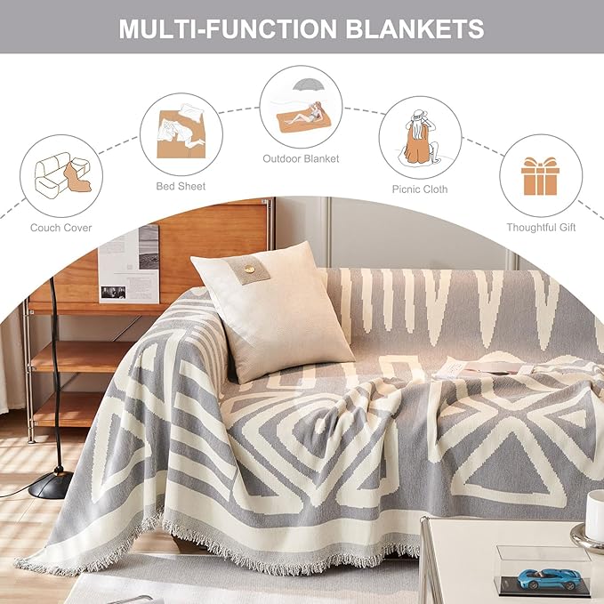 STACYPIK Dark Gray Couch Cover, Boho Chenille Sofa Covers Pet-Friendly, Reversible Non Slip Furniture Protector for 3 Cushion Couch, Modern Triangle Couch Cover for Loveseat,Multi-Use Blanket-71X134IN