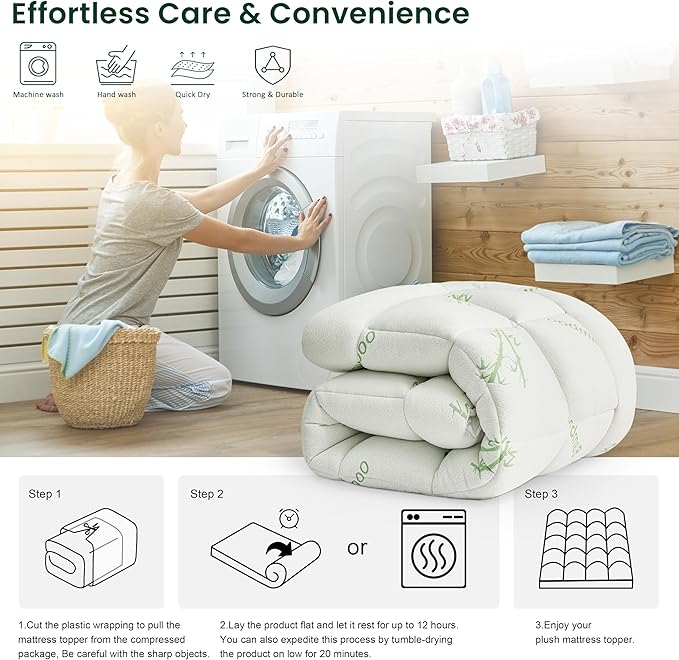 Love's cabin Full Size Mattress Topper, Rayon Derived from Bamboo, 900 GSM Mattress Topper Pad, Thick Pillow Top Mattress Pad with Stretches up 8"-20" Deep Pocket(54"x75"), Green