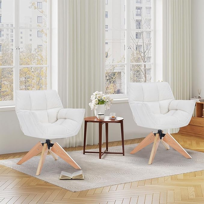 Mid Century Accent Chair, Lambs Wool Vanity Chair Modern Cozy Desk Chair no Wheels with Amrest, Wood Legs for Living Room, Reading Room, Bedroom, White