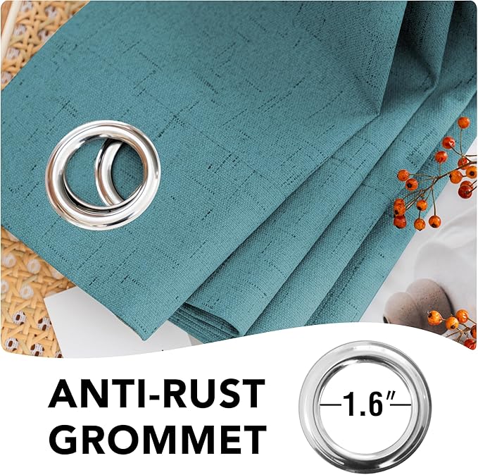 H.VERSAILTEX Primitive Linen Curtains 100% Blackout Curtain Drapes Burlap Fabric Curtains with White Thermal Insulated Liner, Grommet Top Drapes Living Room/Bedroom (2 Panels, 42 x 84 Inch, Teal)
