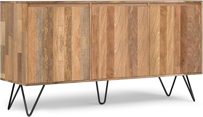 SIMPLIHOME Hunter Buffet - 60 inch Wide Solid Mango Wood 3-Door Sideboard Buffet in Natural, Contemporary Storage Cabinet for Dining Room or Kitchen with Adjustable Shelves and Metal Legs