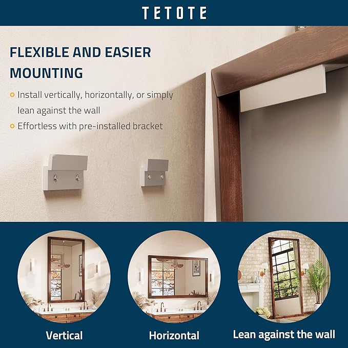 TETOTE 55 x 36 Walnut Wooden Mirror for Bathroom Wall/Bedroom/Living Room/Entryway Farmhouse Rustic Bathroom Vanity Mirror Waterproof (Horizontal/Vertical Mounted)