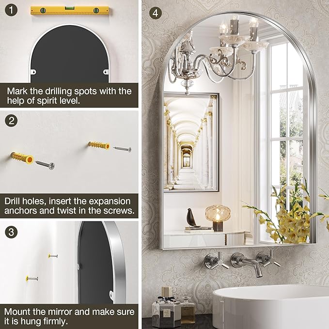 Brightify Arched Mirror, Arched Wall Mirror, 24 x 32 Inch Silver Arch Mirror, Metal Frame Silver Bathroom Mirror, Arched Top Bathroom Vanity Mirror for Living Room Bedroom Mantel Entryway Hallways