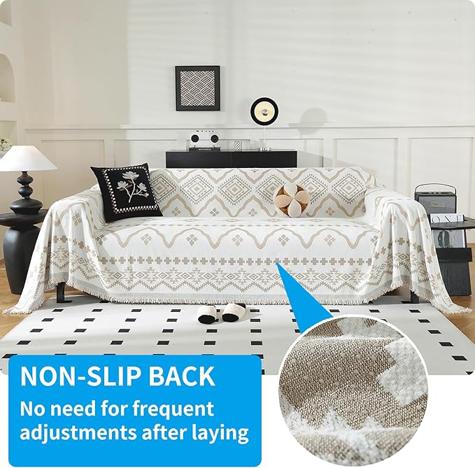 LUFEIJIASHI Boho Couch Covers for Sofa Non Slip Sofa Covers Washable Couch Covers for 3 Cushion Couch Sofa Pet Friendly Sectional Couch Cover Blanket Furniture Protector for Dogs (Khaki, 91"x134")
