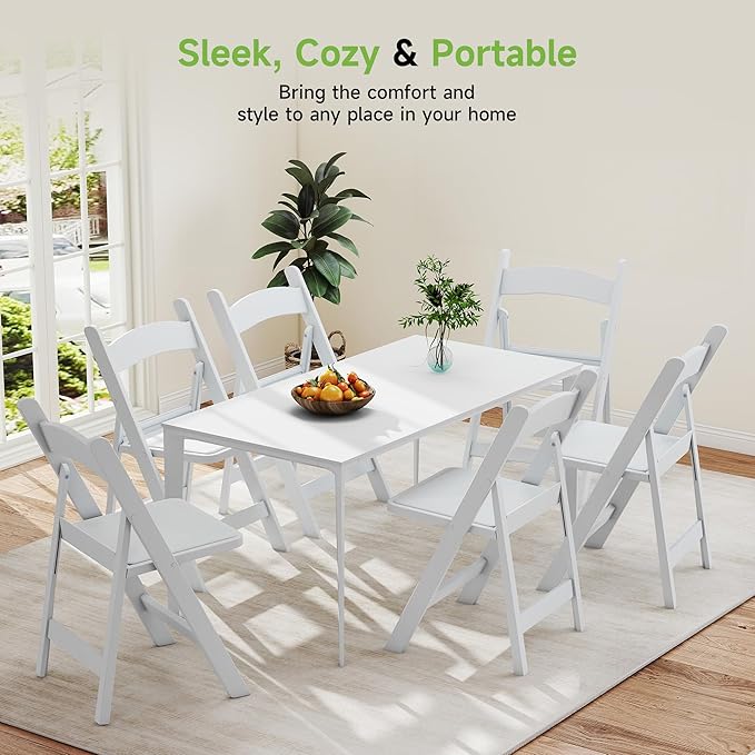 Real Relax Resin Folding Chairs, 4 Sets, White Patio Chairs with PVC Padded Seats 330LB Capacity for Camping, Banquets, Weddings, Church and Events