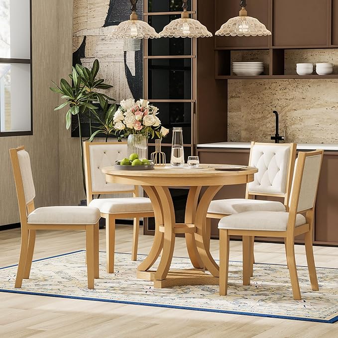 Ball & Cast Retro Dining Table Set for 4 with 4 Upholstered Chairs,5-Piece Wooden Living Room Furniture W/ 42" Round Extendable Kitchen Desk,for Small Space,Apartment,Dining Room,Natural