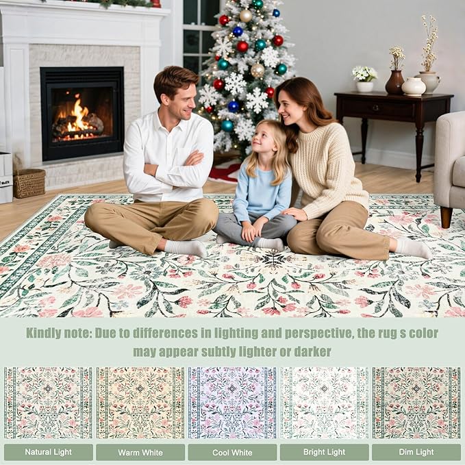 Area Rugs 9x12 Living Room: Floral Washable Rug Vintage Large Soft Boho Non-Slip Carpet Indoor Stain Resistant Low Pile Carpets for Bedroom Dining Room Farmhouse Nursery Home Office Green Beige