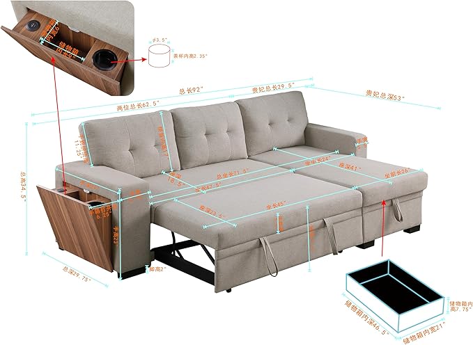 Devion Furniture Philly 4-in-1 Convertible L Shaped Couch with Pull Out Bed and Storage, Sectional Sleeper Sofa with Reversible Chaise for Living Room, Apartment, Bedroom, Office