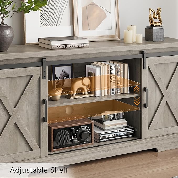GarveeHome Farmhouse Tv Stand for 65 Inches TVs, Entertainment Center with Sliding Barn Doors and Adjustable Shelf, Modern Media TV Console TV Stand Table for Living Room, Bedroom, Grey