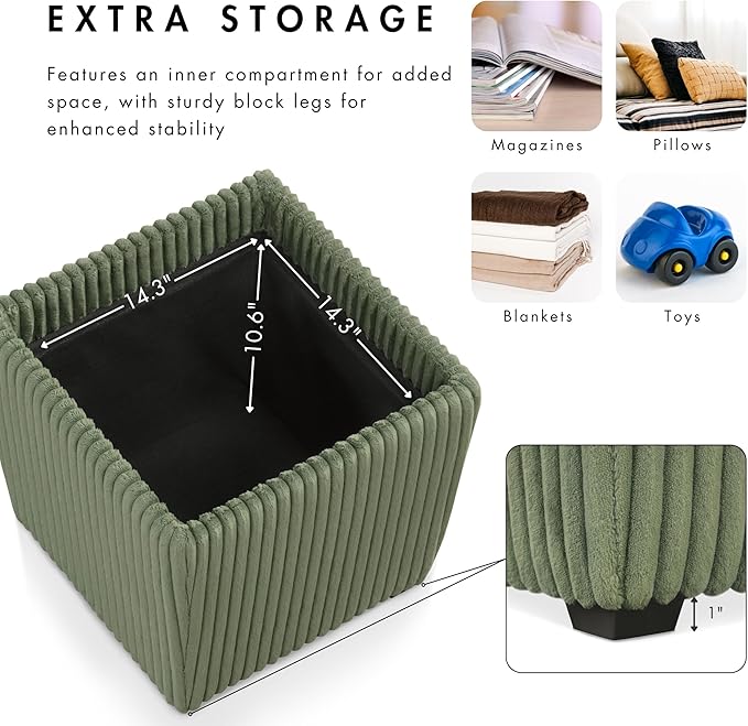 Furniture of America Lennox Modern Chenille 17-inch Square Storage Ottoman with Reversible Tray Top, Upholstered Footstool for Living Room, Bedroom, Entryway, Green