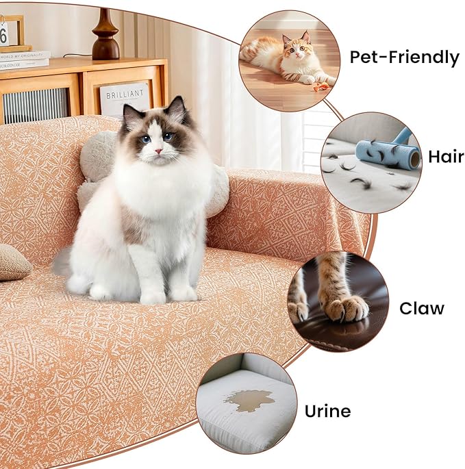 STACYPIK Boho Sofa Cover for Pets, Orange Geometric Couch Cover for 3 Cushion Sofa, Washable Dogs Protector for Living Room, Anti-Slip Sectional Covers for Loveseat with Tassel Throw Blanket-71X150IN