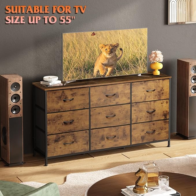 WLIVE 47''W Dresser for Bedroom, Dresser TV Stand for 45, 50, 55 inch TV, Wide Chest of Drawers with 9 Drawer, Large Entertainment Center, Fabric Dressers with Wood Top for Living Room, Rustic Brown