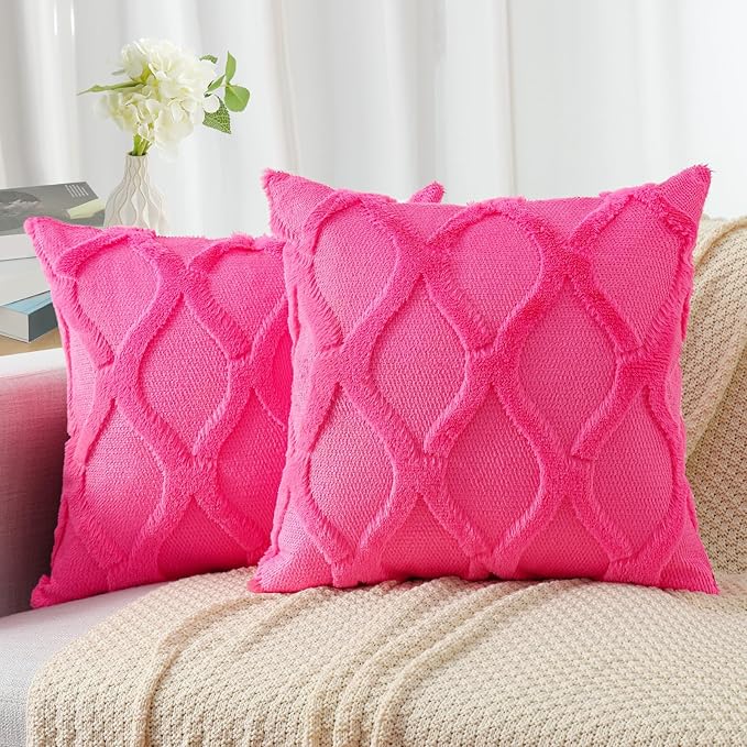 decorUhome Throw Pillow Covers 26x26 Inch Set of 2, Soft Plush Faux Fur Wool Hot Pink Couch Pillow Covers, Decorative Neutral Pillow Cases for Bed Sofa Living Room Home Decor