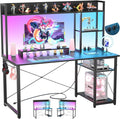 Cyclysio Gaming Desk with Hutch, 47'' Computer Desk with LED Lights & Power Outlets, Home Office Desk with Reversible 5 Tiers Storage Shelves & Monitor Stand, Small Gaming Table for Small Space, Black