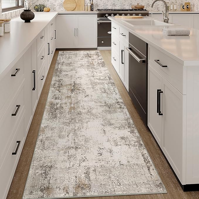 2x12 Washable Runner Rug Brown Grey Neutral Abstract Hallway Kitchen Living Room Bedroom Non Slip Throw Rug Soft Low Pile Indoor Carpet for Entrance Laundry Bathroom