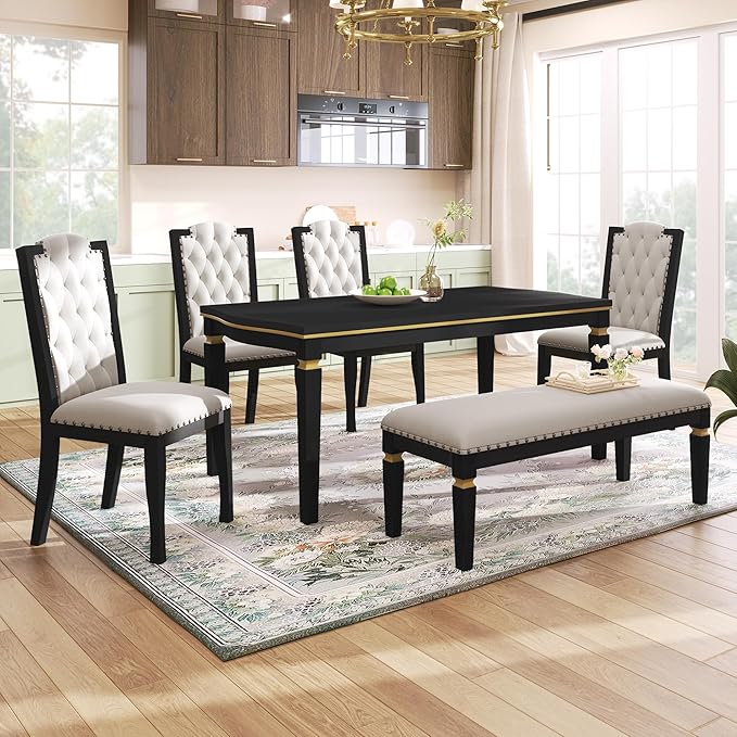 Merax 6-Piece Kitchen Dining Table Set, 62.7" Rectangular with 4 High-Back Tufted Chairs & 1 Bench for Kitchen Room, Black