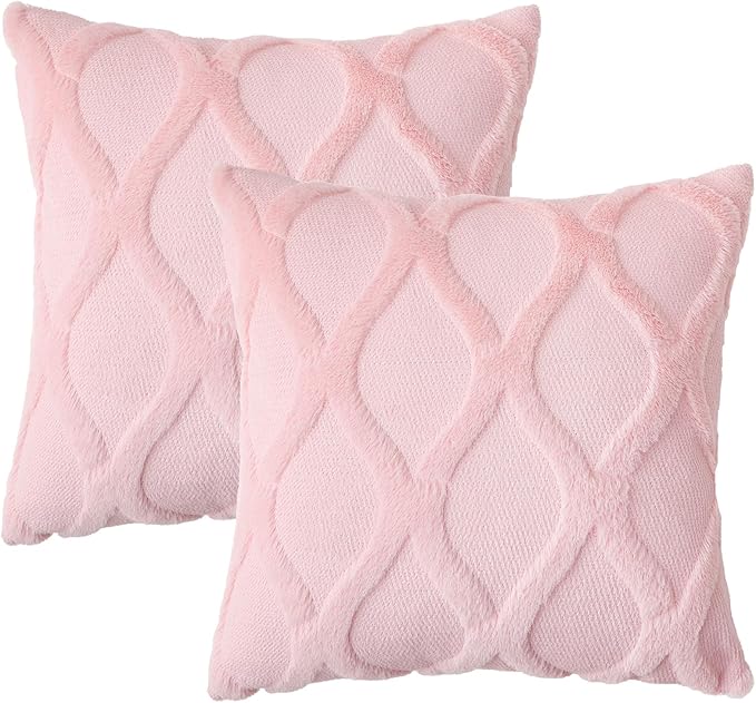decorUhome Throw Pillow Covers 22x22 Inch Set of 2, Soft Plush Faux Fur Wool Light Pink Couch Pillow Covers, Decorative Neutral Pillow Cases for Bed Sofa Living Room Home Decor