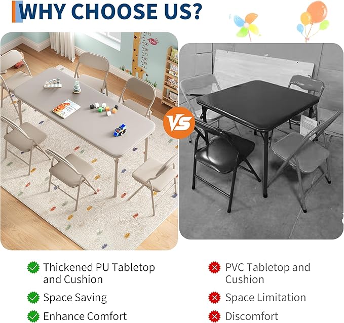 IDEALHOUSE 7 Piece Folding Kids Table and Chairs Set, Children Activity Table and Chairs Set for Dining Room,Daycare,Classrooms