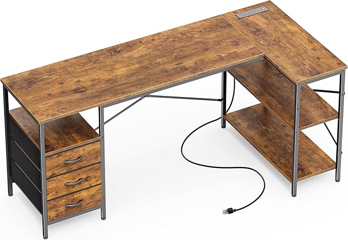 Huuger L Shaped Desk with Power Outlets, 63 Inch Reversible Computer Desk with 3 Drawers and Shelves, Home Office Table for Corner Work Study Writing Gaming, Rustic Brown