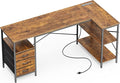 Huuger L Shaped Desk with Power Outlets, 63 Inch Reversible Computer Desk with 3 Drawers and Shelves, Home Office Table for Corner Work Study Writing Gaming, Rustic Brown